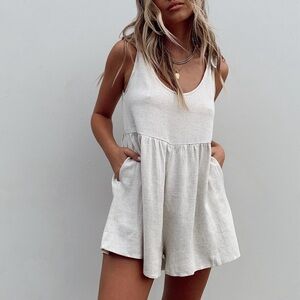 Princess Polly Tay Romper Beige Linen Blend Tie Strap Sleeveless Size 4 Pockets